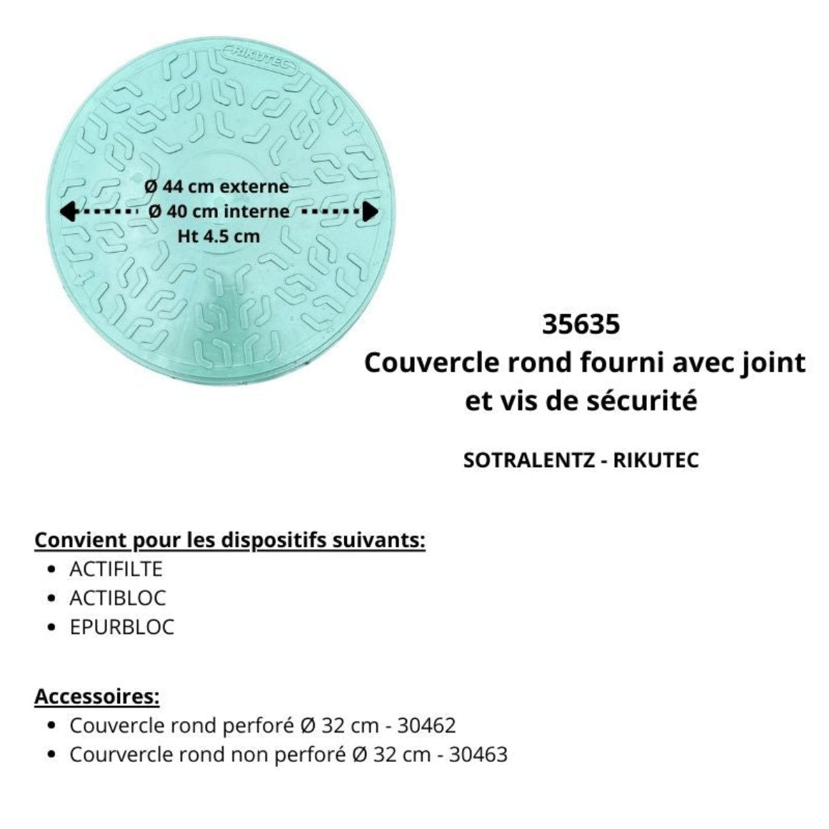 Couvercle rond vert fourni avec joint et vis de sécurité